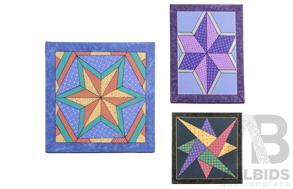 Julie O'Brien (20th Century, Australian), Morning Star, Symmetry in Purple, Nice Trio of Original Quilt Design Inspired Oil on Canvases, 45 x 45 cm (largest) (3)