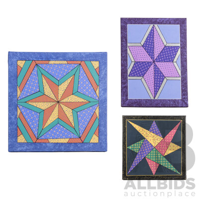 Julie O'Brien (20th Century, Australian), Morning Star, Symmetry in Purple, Nice Trio of Original Quilt Design Inspired Oil on Canvases, 45 x 45 cm (largest) (3)