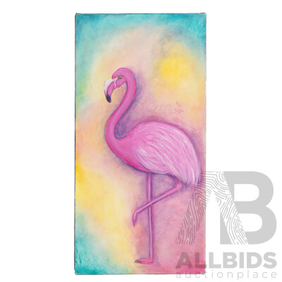 Jill O'Brien (20th Century, Australian), Pink Flamingo Sunset, Wonderful Original Oil on Canvas, 51 x 26 cm