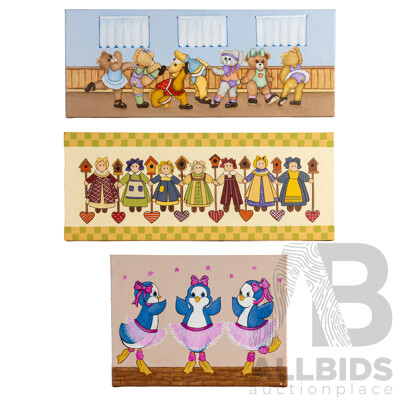Jill O'Brien, (20th Century, Australian), Penguin Pirouettes, Bear Ballerinas & Folk Art Doll Chain, Nice Trio of Original Oil on Canvases, 31 x 76 cm (largest) (3)