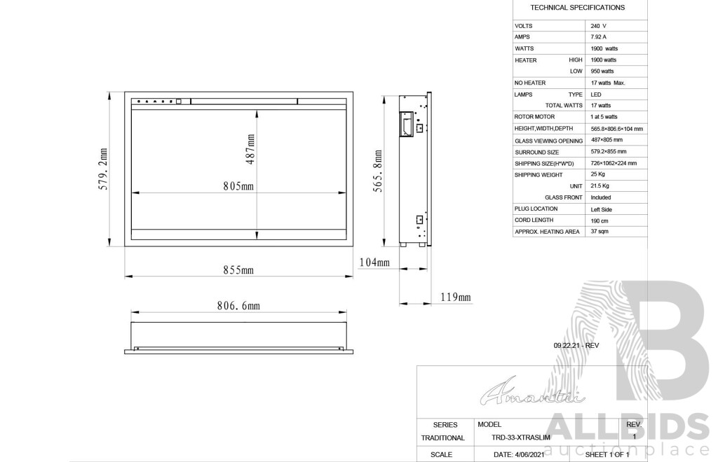 Amantii TRD Xtra Slim Electric Fireplace (TRD-33-Xtraslim)