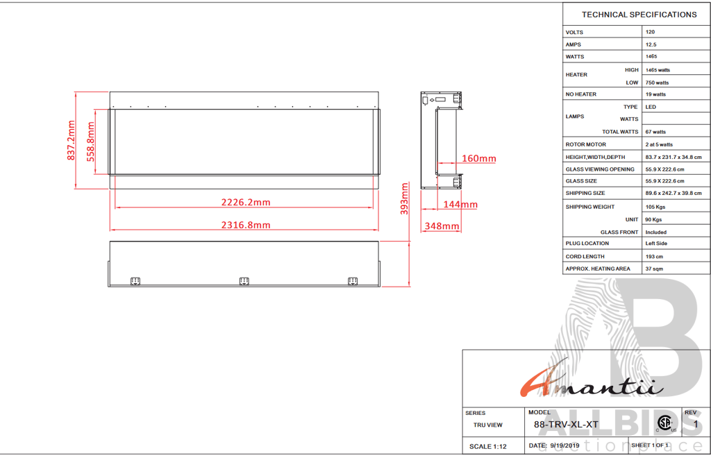 Amantii Tru View XL XT 3 Sided Glass Electric Fireplace (88-TRV-XL-XT)