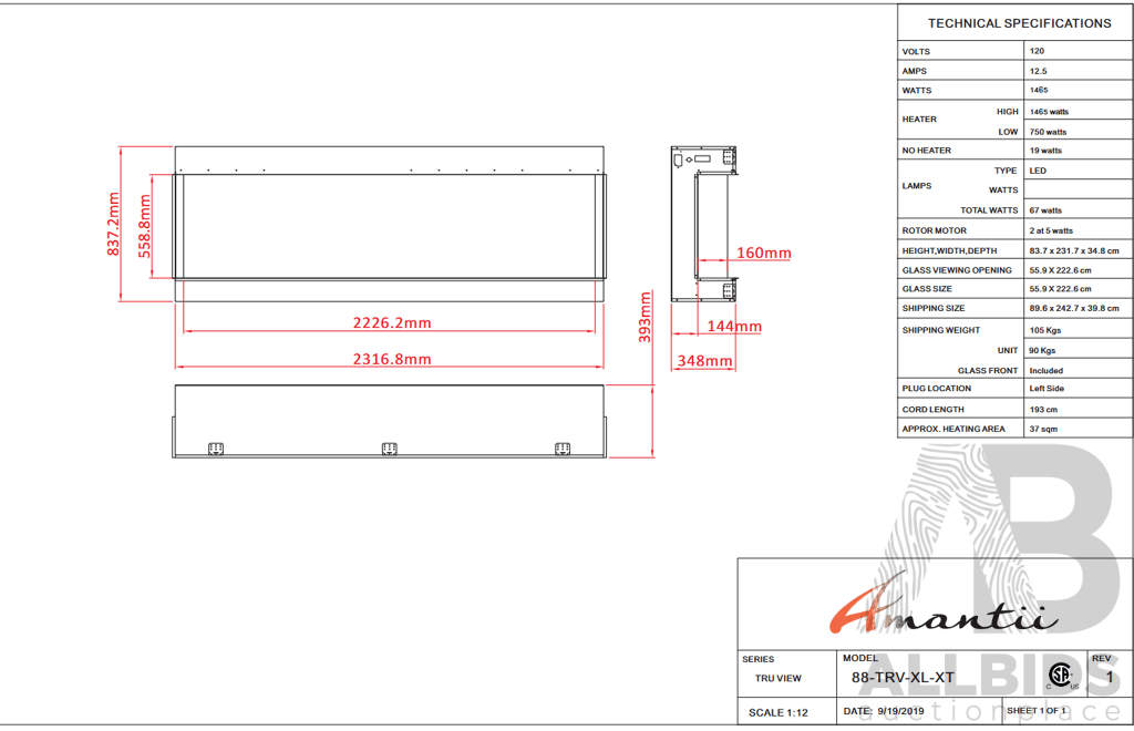 Amantii Tru View XL XT 3 Sided Glass Electric Fireplace (88-TRV-XL-XT)