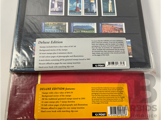 Three Australian Deluxe Edition Annual Stamp Albums Including 2001, 2002, 2003 - Face Value $156