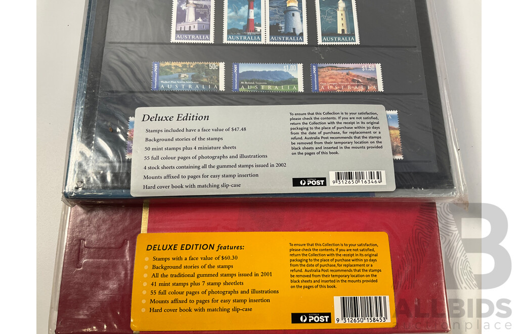 Three Australian Deluxe Edition Annual Stamp Albums Including 2001, 2002, 2003 - Face Value $156