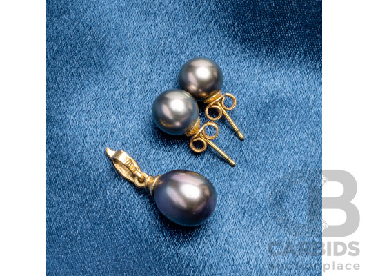 18ct Yellow Gold Tahitian Pearl Earrings & Diamond Pendant Set