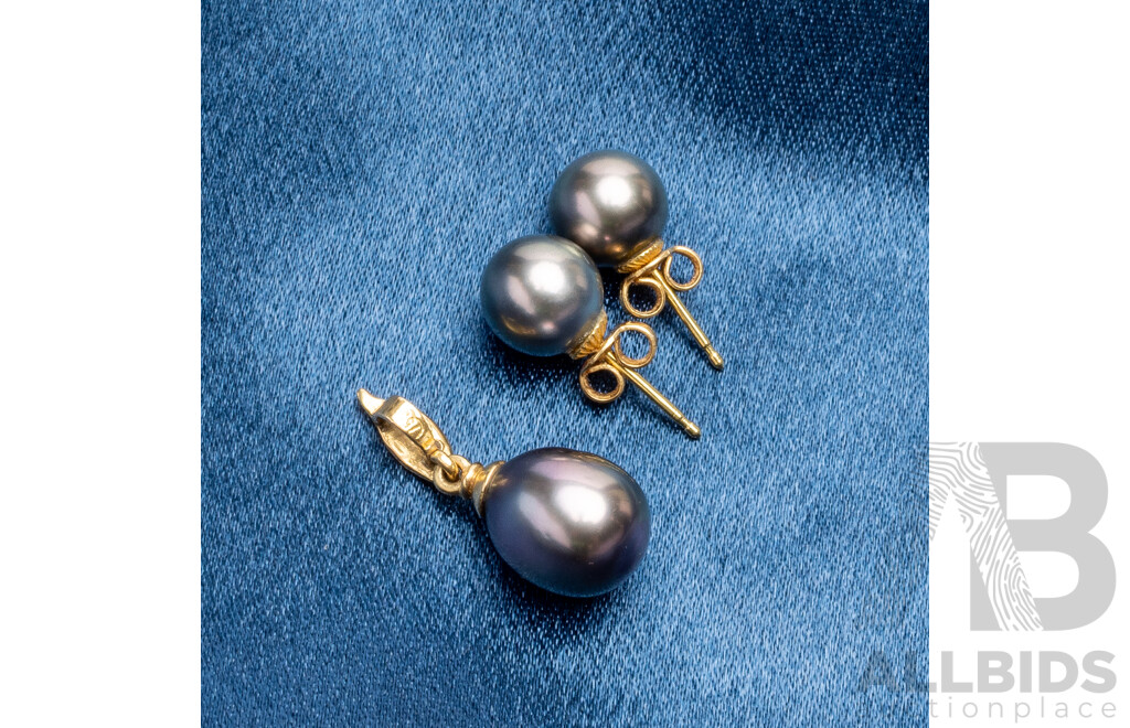 18ct Yellow Gold Tahitian Pearl Earrings & Diamond Pendant Set