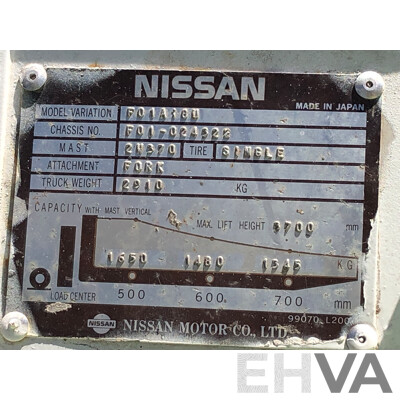 Nissan F01A18U LPG/Petrol Engine Powered Counterbalance Forklift