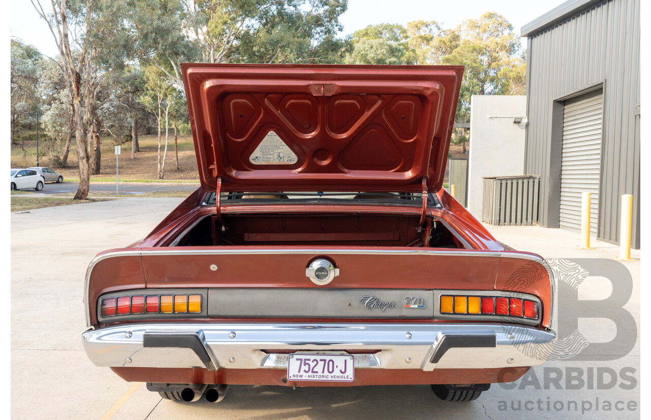 11/1972 Chrysler Valiant VH Charger 770 2d Coupe Russet Metallic 4.3L