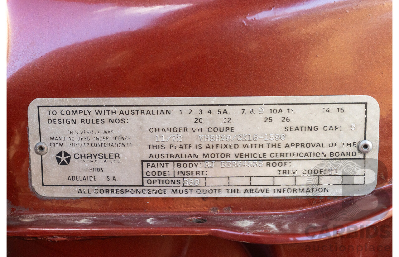 11/1972 Chrysler Valiant VH Charger 770 2d Coupe Russet Metallic 4.3L
