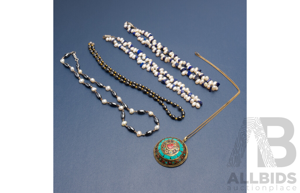 Collection of Pearl, Lapis Lazuli, Hematite & Enamel Necklaces - Lot of 5