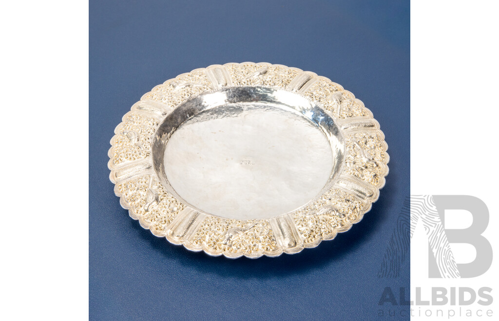 Hand Beaten Silver Plated Thai Platter with Panels Depicting Avian Life to Rim