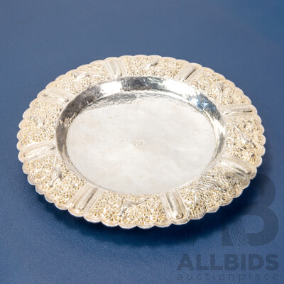 Hand Beaten Silver Plated Thai Platter with Panels Depicting Avian Life to Rim