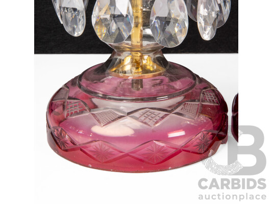 Pair of Persian Ruby Glass Table Lamps with Glass Pendants