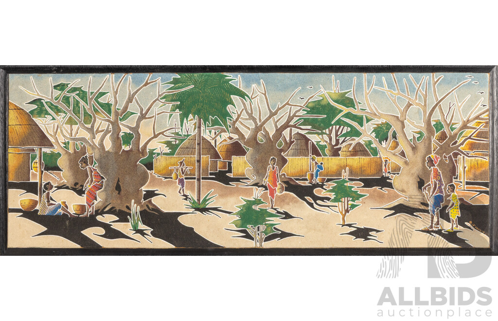 Signed Indistinctly, (20th Century, Senegalese), Village Life Amongst the Baobab Trees, Original Vintage Hand Crafted Sand on Board,