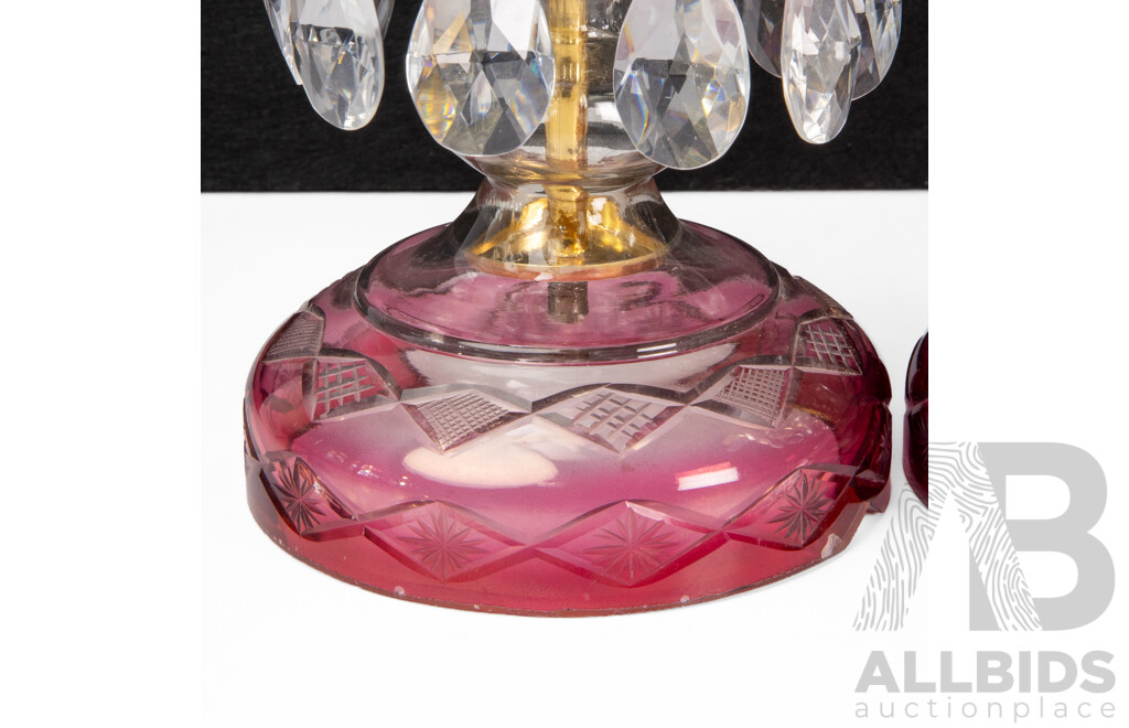 Pair of Persian Ruby Glass Table Lamps with Glass Pendants