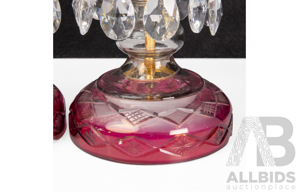 Pair of Persian Ruby Glass Table Lamps with Glass Pendants