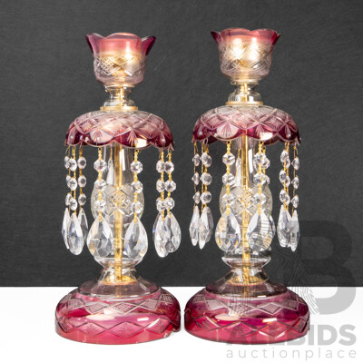 Pair of Persian Ruby Glass Table Lamps with Glass Pendants