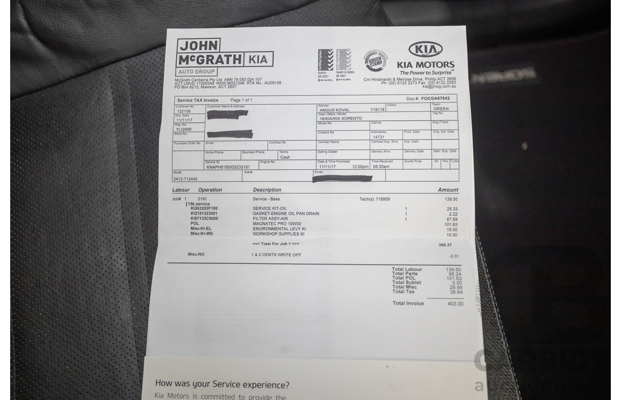 6/2016 Kia Sorento Platinum (AWD) UM MY16 4d Wagon Clear White Turbo Diesel 2.2L