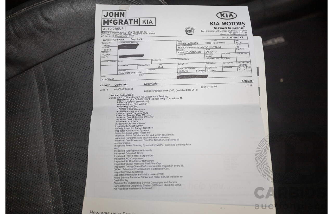 6/2016 Kia Sorento Platinum (AWD) UM MY16 4d Wagon Clear White Turbo Diesel 2.2L