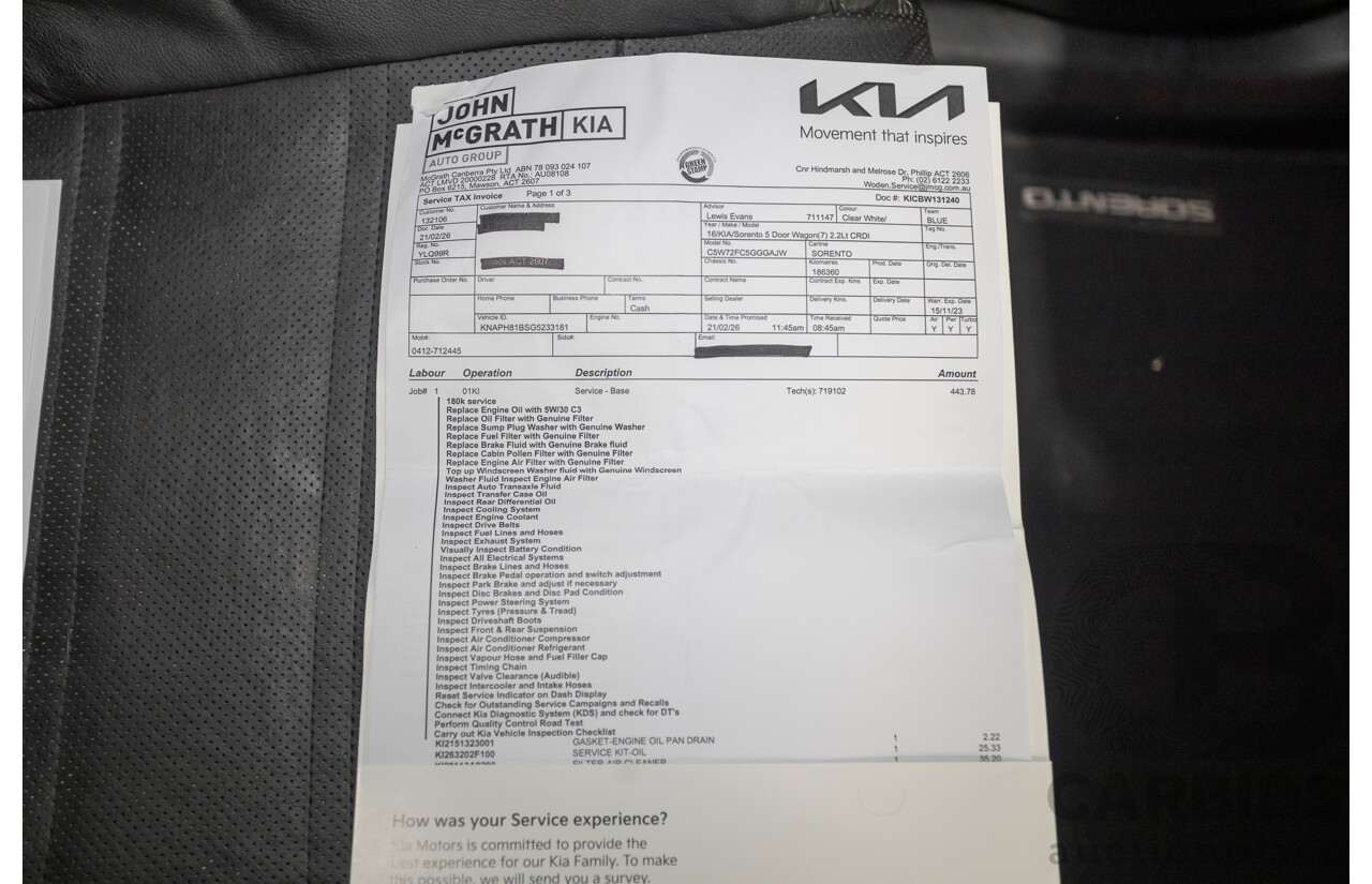 6/2016 Kia Sorento Platinum (AWD) UM MY16 4d Wagon Clear White Turbo Diesel 2.2L