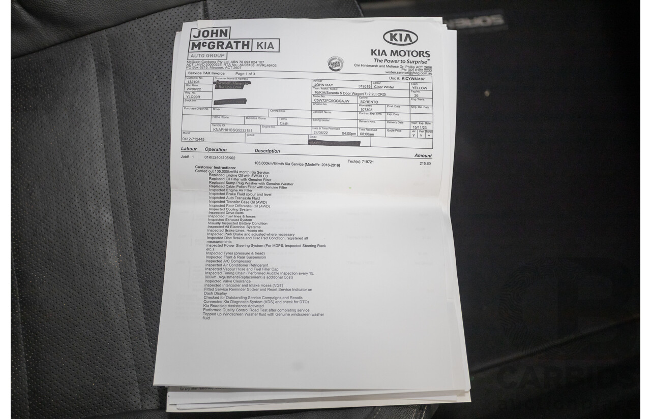6/2016 Kia Sorento Platinum (AWD) UM MY16 4d Wagon Clear White Turbo Diesel 2.2L
