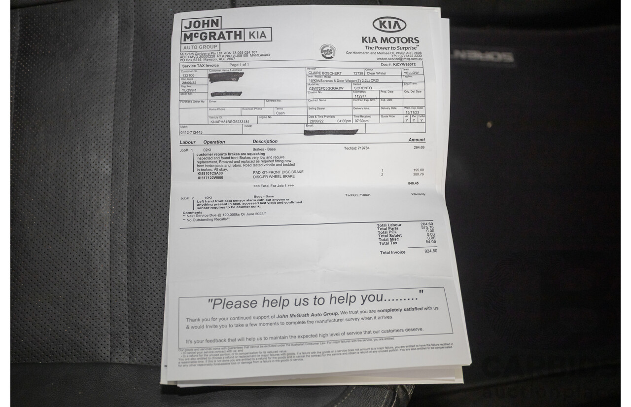 6/2016 Kia Sorento Platinum (AWD) UM MY16 4d Wagon Clear White Turbo Diesel 2.2L