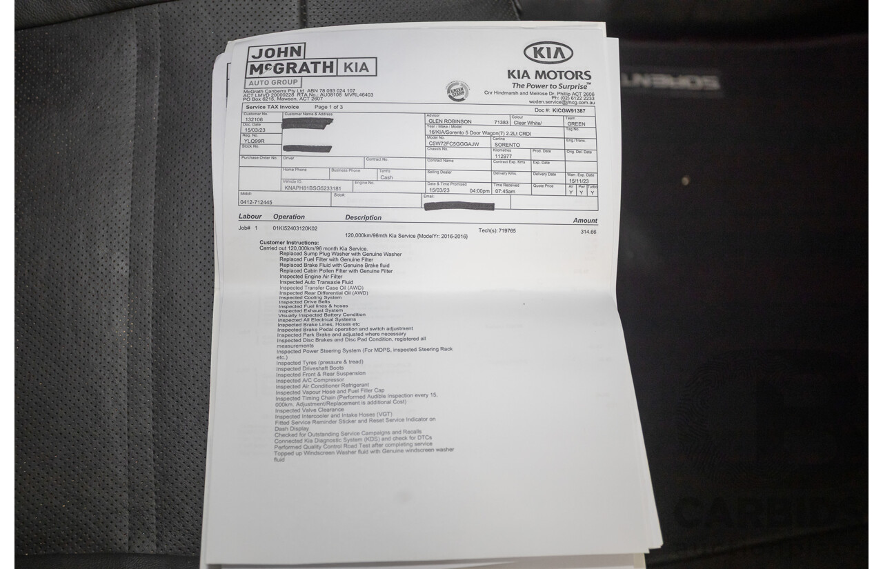 6/2016 Kia Sorento Platinum (AWD) UM MY16 4d Wagon Clear White Turbo Diesel 2.2L