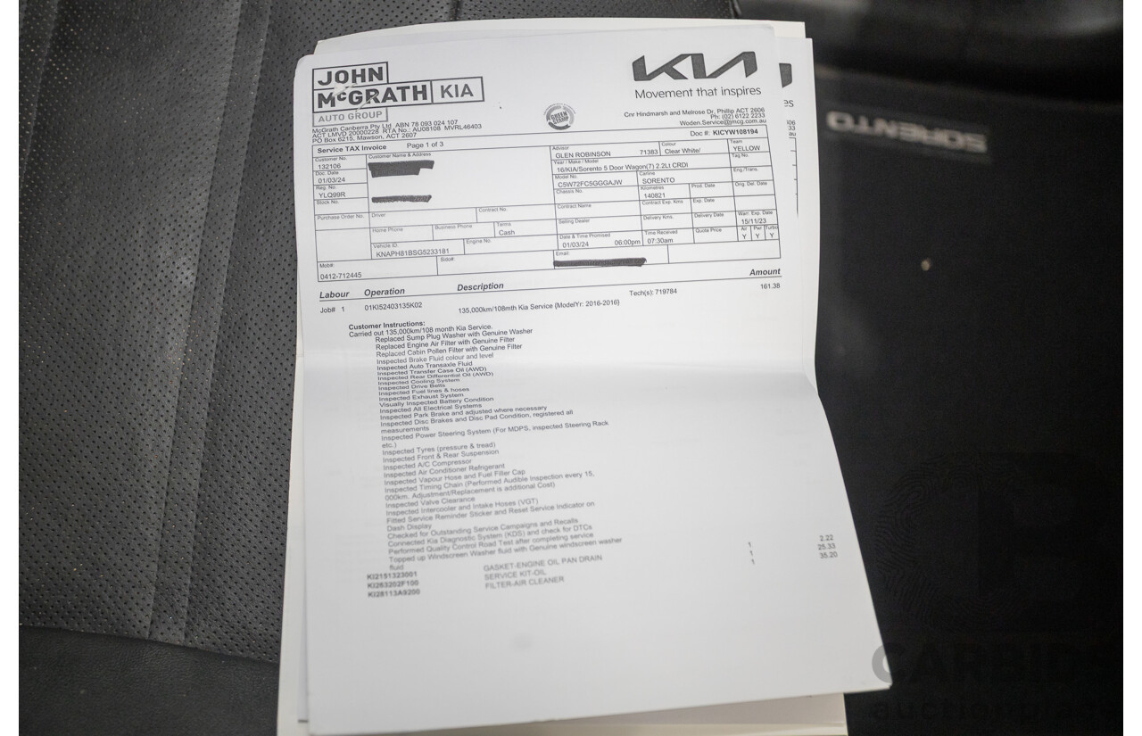 6/2016 Kia Sorento Platinum (AWD) UM MY16 4d Wagon Clear White Turbo Diesel 2.2L