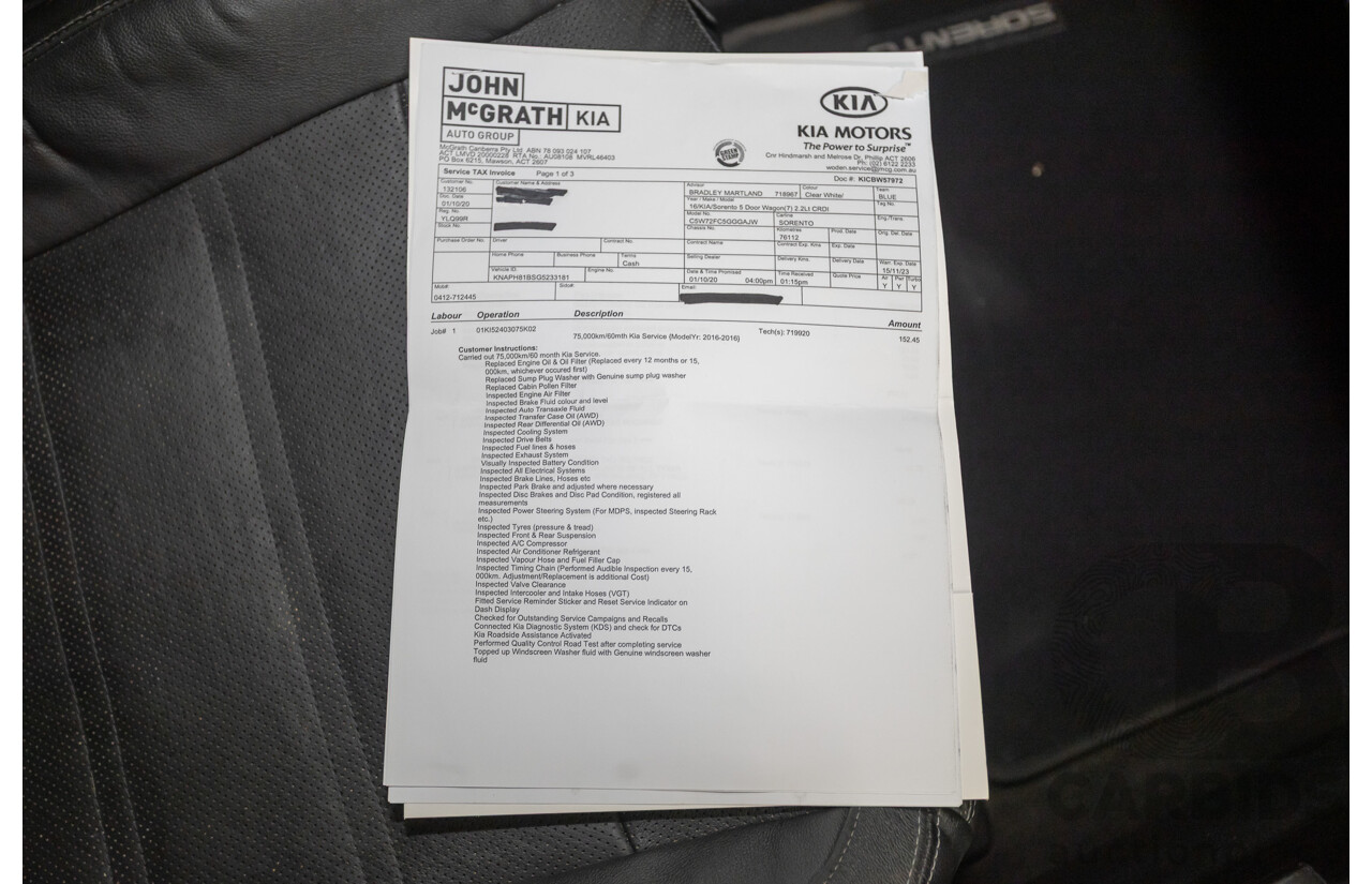 6/2016 Kia Sorento Platinum (AWD) UM MY16 4d Wagon Clear White Turbo Diesel 2.2L