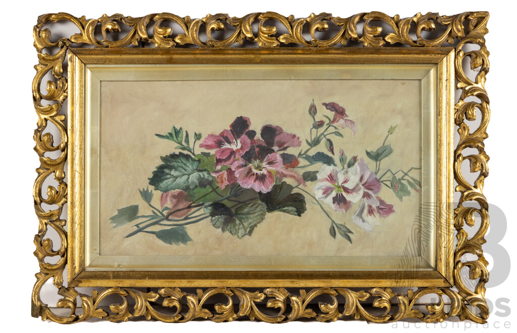 Artist Unknown (19th Century, British), Study of Geraniums, Original Antique Oil on Canvas, 43 X 64 Cm (frame)