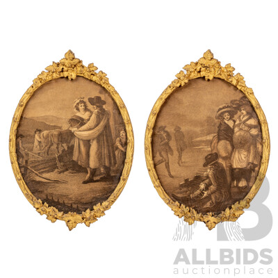 After William Hamilton (18th C., British, 1751-1801) & Francesco Bartolozzi (18th C., Italian, 1727-1815), January & February, Wonderful Pair of Antique Stipple Engravings, 31 X 21 Cm (frames)