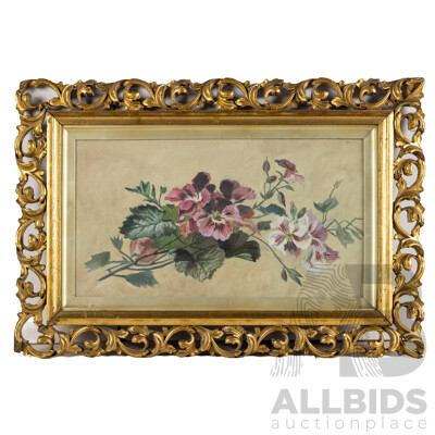Artist Unknown (19th Century, British), Study of Geraniums, Original Antique Oil on Canvas, 43 X 64 Cm (frame)