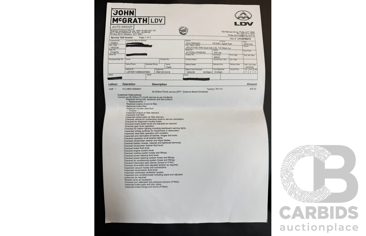 05/2021 LDV T60 Pro (4x4) SK8C Double Cab Utility Red Turbo Diesel 2.8L