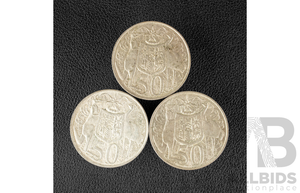 Three Australian 1966 Round Silver Fifty Cent Coins .800