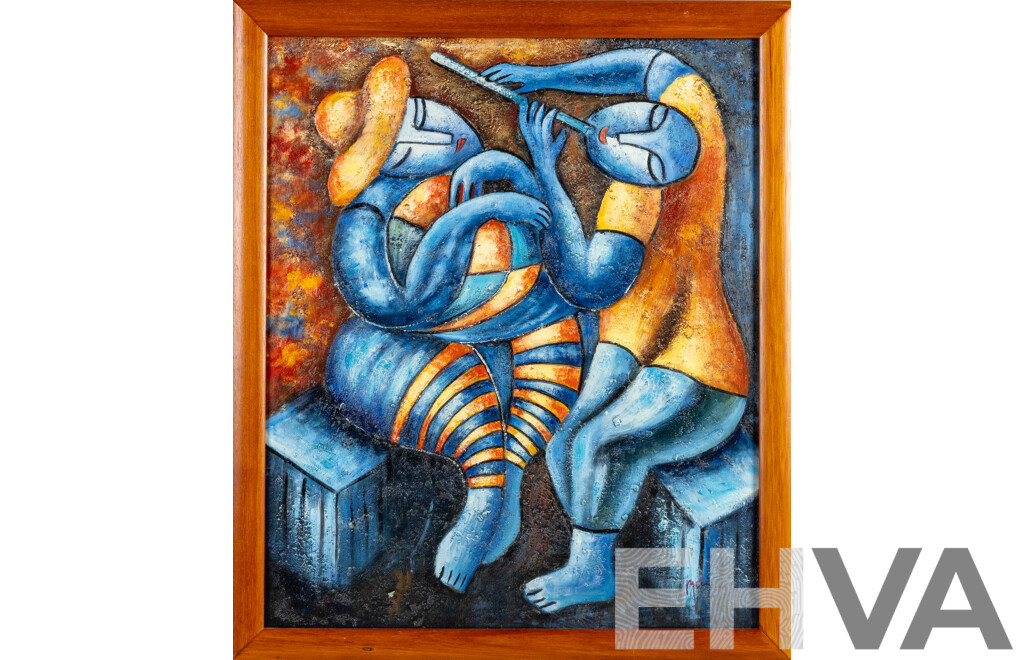 Signed Indistinctly, (20th Century), Musicians, Original Contemporary Oil on Canvas Board, 68 x 58 cm (frame)