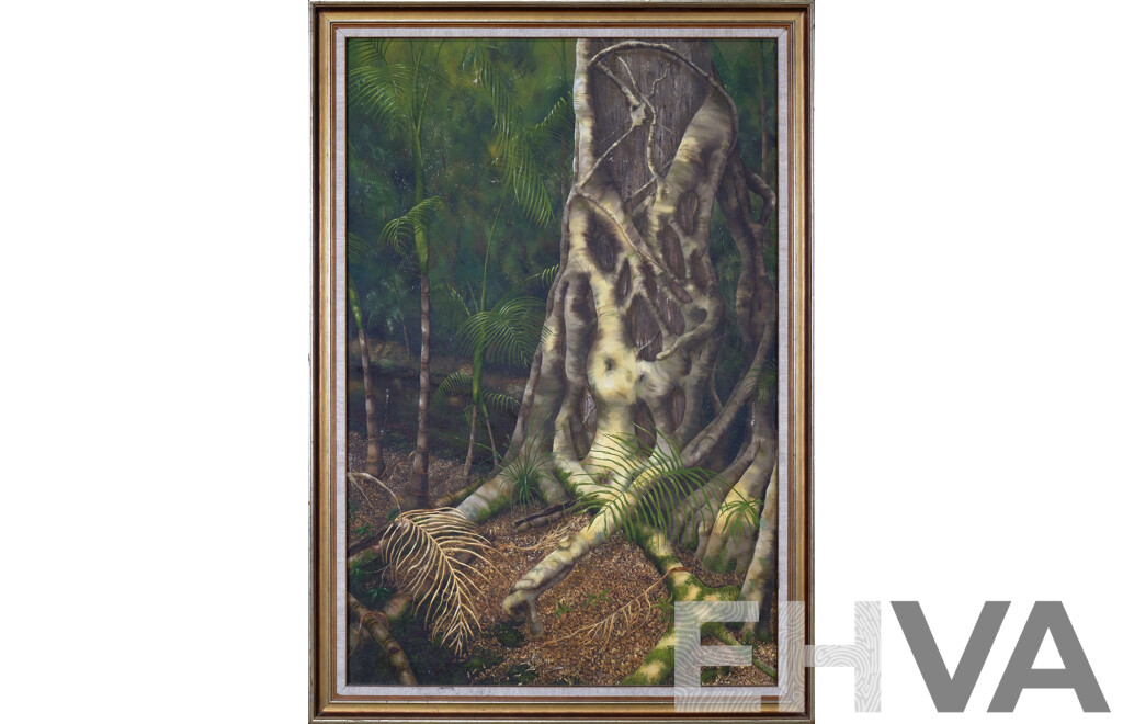 Artist Unknown, (20th Century), Rainforest Landscape, Original Vintage Oil on Canvas Cloth, 100 x 70 cm (frame)