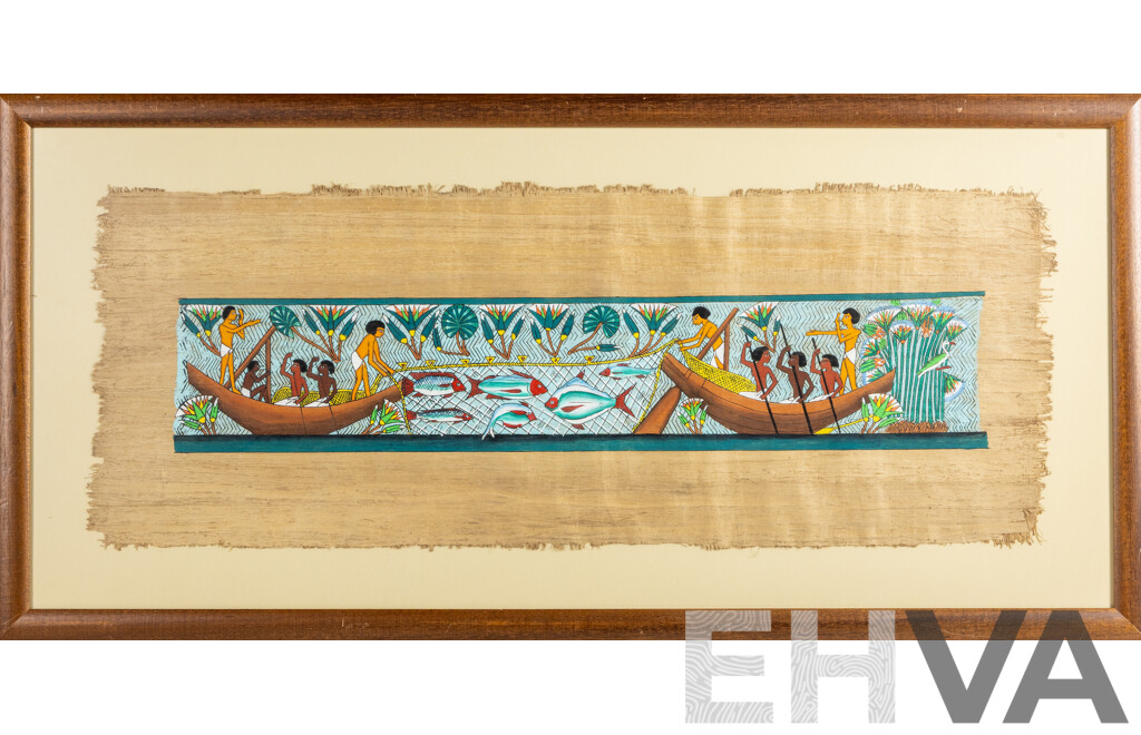 Artist Unknown (20th Century, Egyptian School), Fishing on the Nile, Handmade Papyrus Paper and Coloured Pigment, 103 W x 50 H cm (frame)