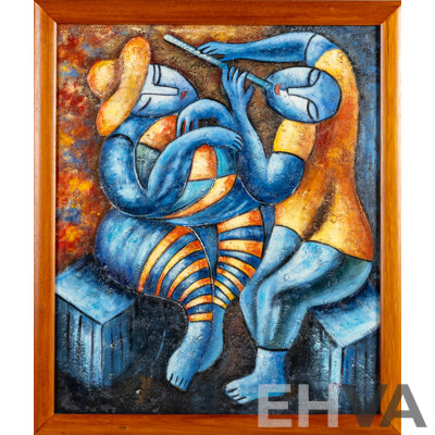 Signed Indistinctly, (20th Century), Musicians, Original Contemporary Oil on Canvas Board, 68 x 58 cm (frame)