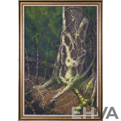 Artist Unknown, (20th Century), Rainforest Landscape, Original Vintage Oil on Canvas Cloth, 100 x 70 cm (frame)