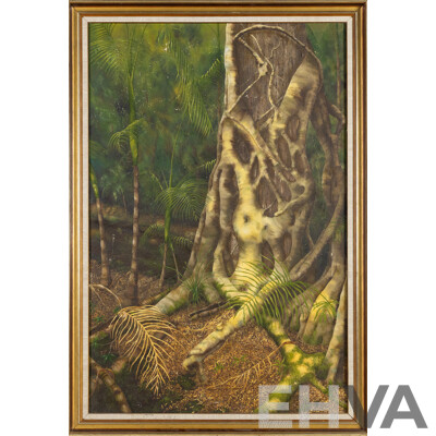 Artist Unknown, (20th Century), Rainforest Landscape, Original Vintage Oil on Canvas Cloth, 100 x 70 cm (frame)