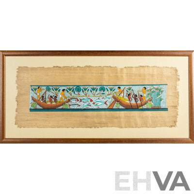 Artist Unknown (20th Century, Egyptian School), Fishing on the Nile, Handmade Papyrus Paper and Coloured Pigment, 103 W x 50 H cm (frame)