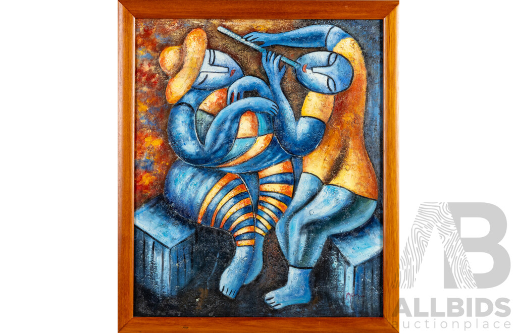 Signed Indistinctly, (20th Century), Musicians, Original Contemporary Oil on Canvas Board, 68 x 58 cm (frame)
