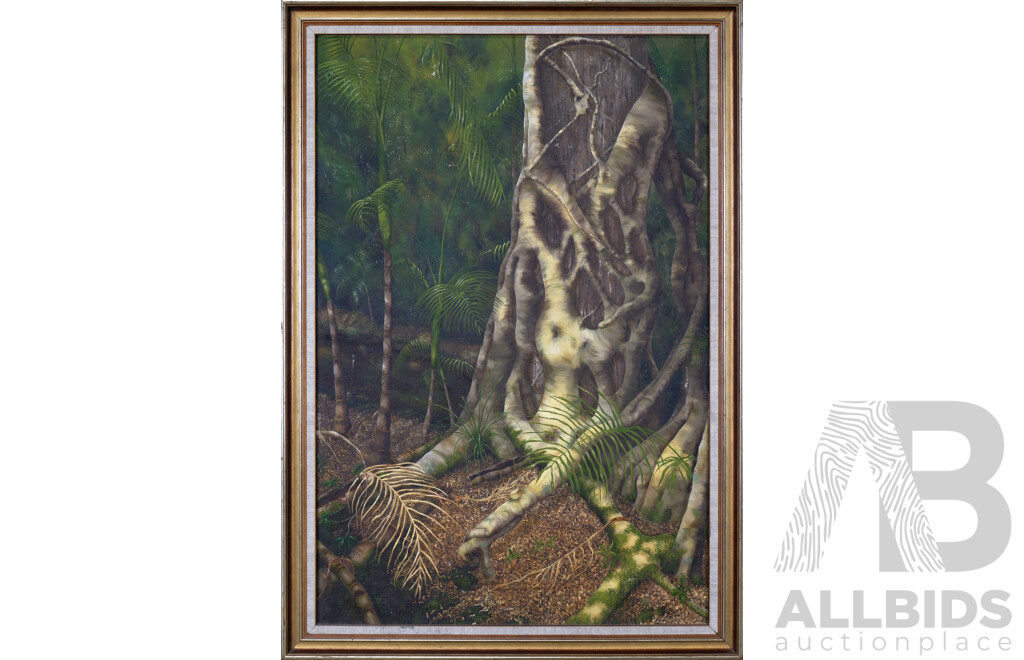 Artist Unknown, (20th Century), Rainforest Landscape, Original Vintage Oil on Canvas Cloth, 100 x 70 cm (frame)