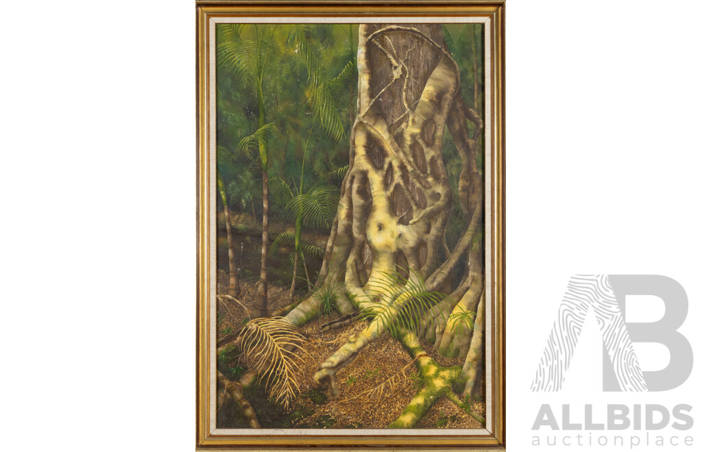 Artist Unknown, (20th Century), Rainforest Landscape, Original Vintage Oil on Canvas Cloth, 100 x 70 cm (frame)