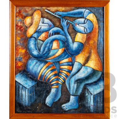 Signed Indistinctly, (20th Century), Musicians, Original Contemporary Oil on Canvas Board, 68 x 58 cm (frame)