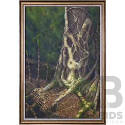 Artist Unknown, (20th Century), Rainforest Landscape, Original Vintage Oil on Canvas Cloth, 100 x 70 cm (frame)
