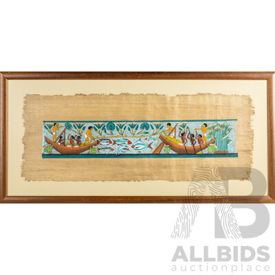 Artist Unknown (20th Century, Egyptian School), Fishing on the Nile, Handmade Papyrus Paper and Coloured Pigment, 103 W x 50 H cm (frame)