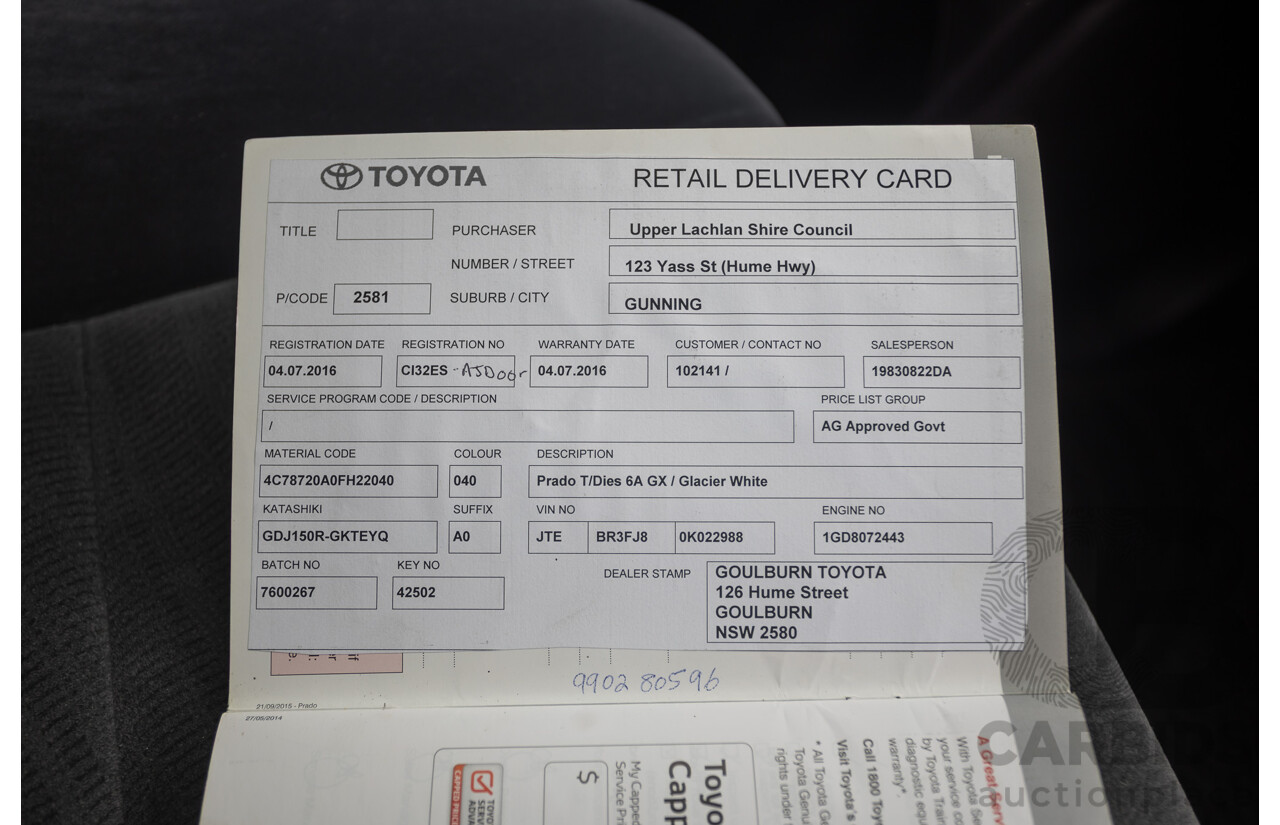 04/2016 Toyota Landcruiser PRADO GX (4x4) GDJ150R MY16 4D Wagon White 2.8L