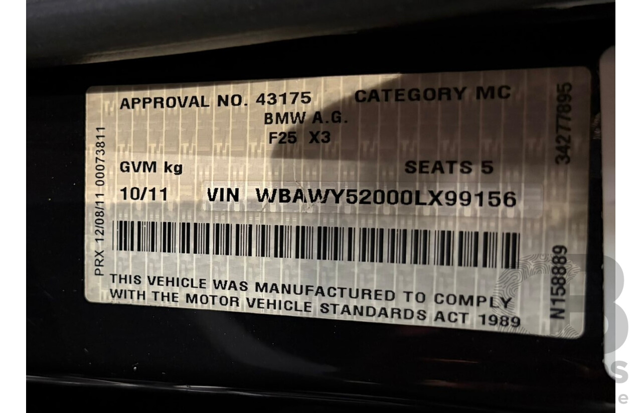10/2011 BMW X3 Xdrive 30d F25 4d Wagon Black Sapphire Metallic Turbo Diesel 3.0L